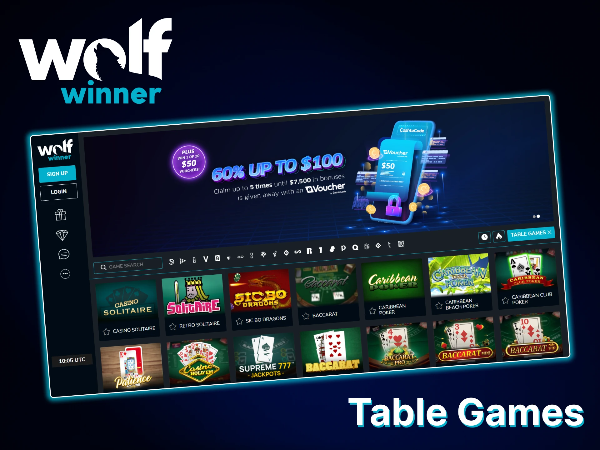 Start playing table games at Wolf Winner casino.